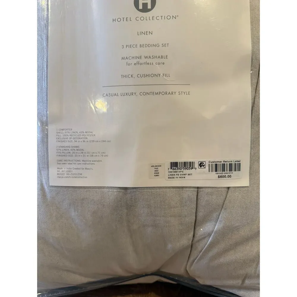 Hotel Collection Linen Full Queen Comforter Set Gray 3 Pc Luxury Bedding NEW